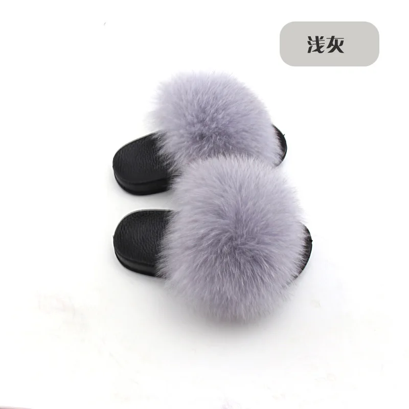 Wholesale Real Fox Slippers Kids Rainbow Neon Color Toldder Fur Child Home Slides Girls Raccoon Super Fluffy Cute Flat Summer