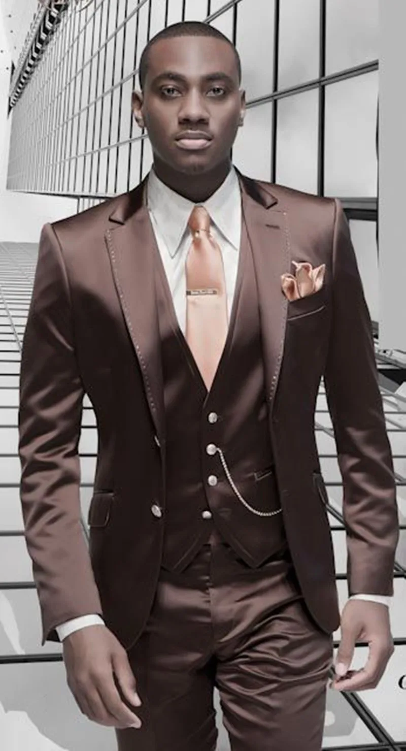 Коричневый атлас на заказ стильный 3 шт. строгие свадебные костюмы итальянский Жених одежда(куртка+ брюки жилет галстук