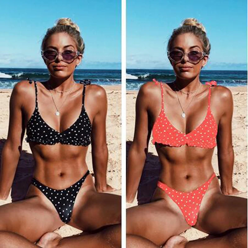 

Low Waist 2019 Sexy White Bikinis Women Swimsuit Ruffle Shoulder Bikini Set Vest Brazilian Bikini Bandage Swimwear Print Biquini
