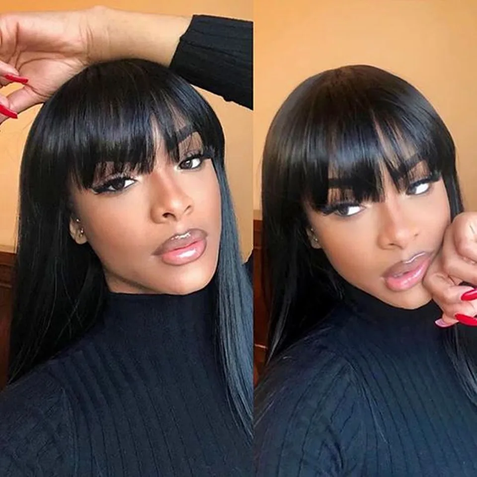 

Pre Plucked Straight Full Lace Wig With Bangs Glueless Full Lace Closure Wigs For Black Women Long Remy Human Hair Wigs 26 Inch
