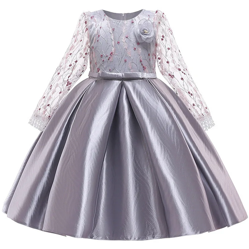 Кружевное платье с вышивкой; торжественное Элегантное свадебное платье; платье-пачка принцессы; детская одежда с цветочным узором для девочек; детская праздничная одежда для девочек - Цвет: gray