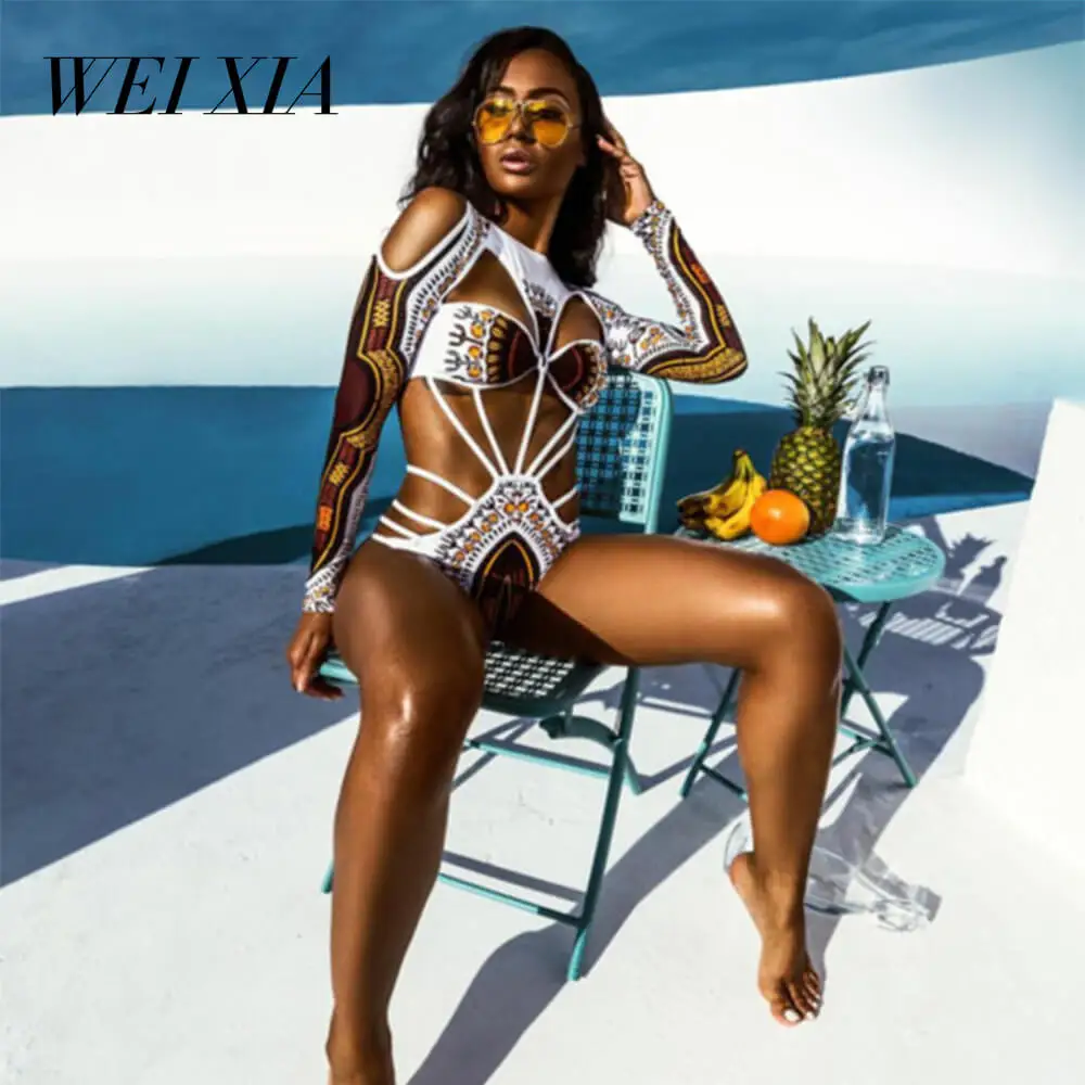 

WEIXIA 2018 Sexy One Piece Totem Swimsuit JY8903 Women Print Bodysuit Bandage Swimwear