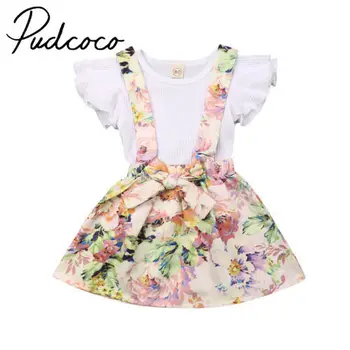 

New Summer Kids Baby Girls Floral Tops T-shirt + Suspender Dress Outfits Clothes Set
