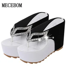Thick Bottom Platform Flip Flops Rhinestone Wedge Heel Shoes Patchwork Woman Summer Sandals A821