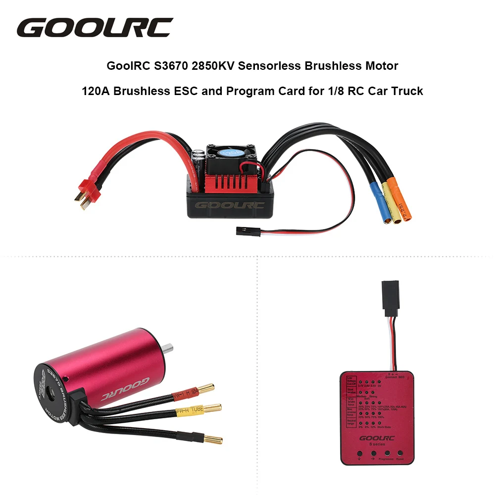 

GoolRC S3670 2850KV Sensorless Brushless Motor 120A Brushless ESC and Program Card Combo Set for 1:8 RC Car Truck Part