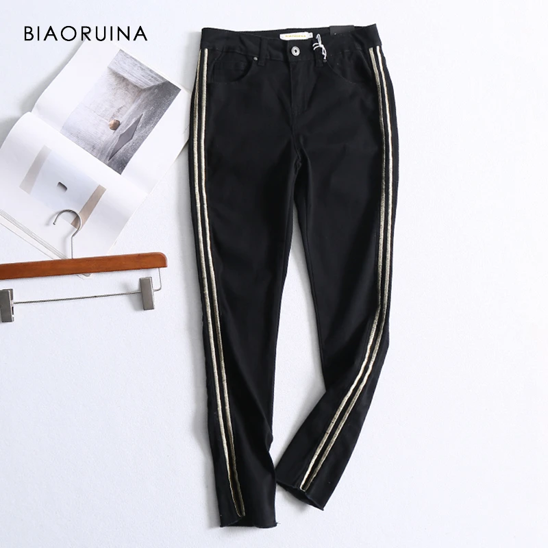 

BIAORUINA Women Comfortable Side Striped Pant High Waist Women's Casual Pencil Pant Female Fashion Pant Trousers Good Quality