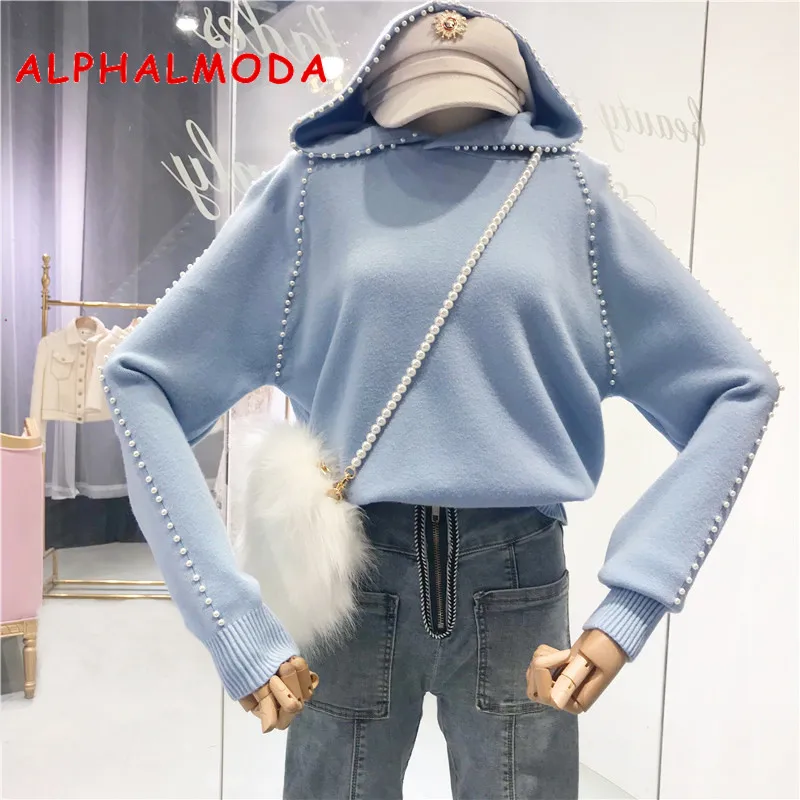 Женский свитер с капюшоном ALPHALMODA длинными рукавами и жемчужинами Осенний