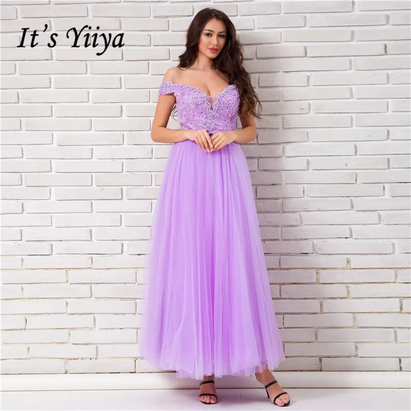 Это Yiiya Фиолетовый без бретелек с плеча спинки Вечерние платья Аппликации пол Длина высокое качество торжественное платье MW015