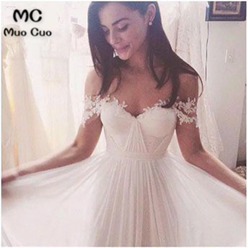 A-line Off-Shoulder Sweep Train Chiffon White Wedding Dresses With Appliques 44