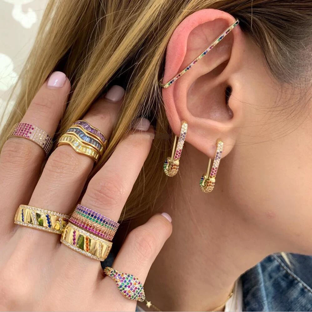 

2019 Valentine's Day Wide chunky band cz ring for women minimal delicate rainbow color trendy gold color fashion luxury jewelry