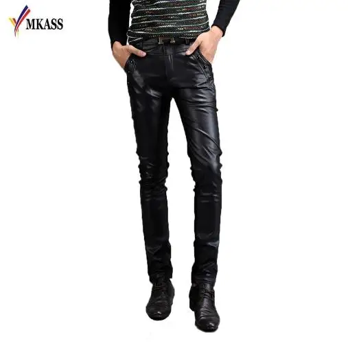 2018 New Mens Stitching Faux Leather Pants PU Material Black Slim Skinny Fitness Motorcycle Leather Pu Boot Cut Trousers