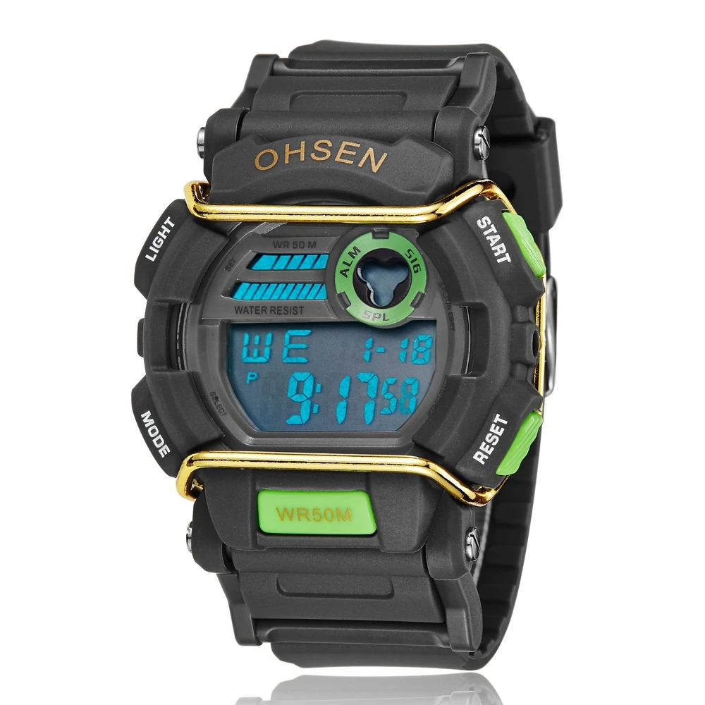 OHSEN модный бренд открытый спортивные мужские Цифровые наручные часы каучуковый ремешок 50 м Водонепроницаемый ЖК-дисплей мальчиков часы мужской руке часы подарки
