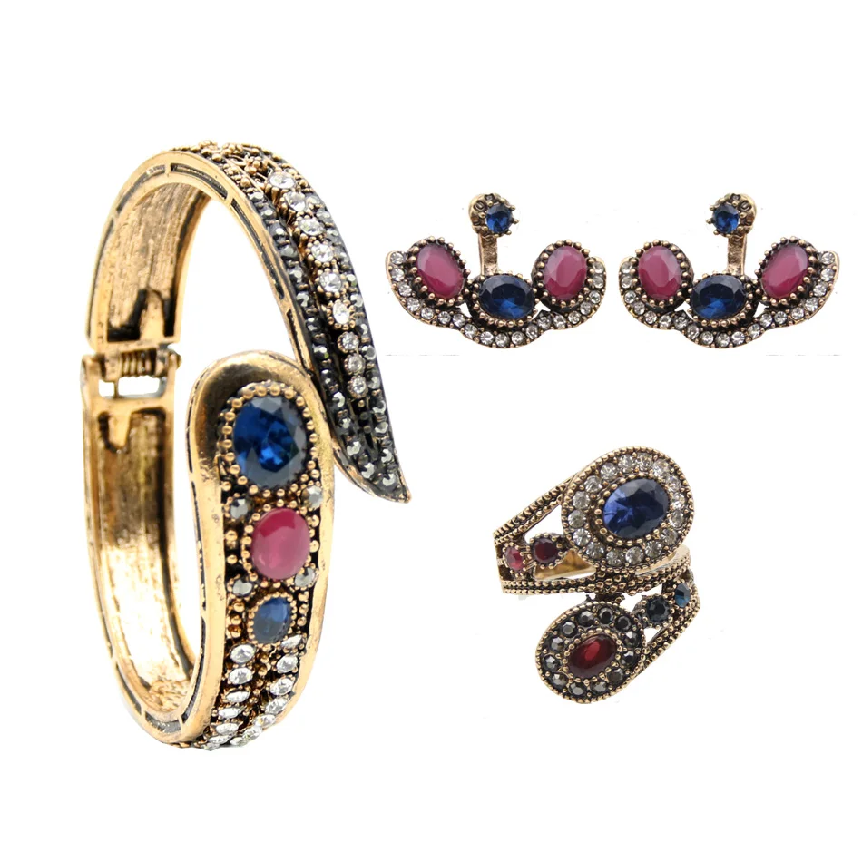 Luxurious Turkish Resin Flower Jewelry Sets Earrings Ring Bangle Sets