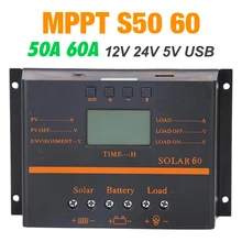 MPPT 50A 60A Солнечный контроллер заряда ЖК-дисплей PV Панель зарядное устройство регулятор 12 в 24 в двойной USB MPPT контроллер