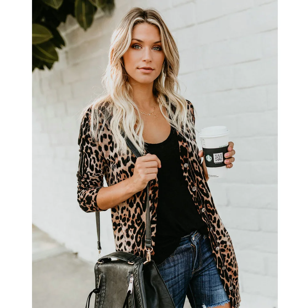 Jackets 2018 Hot Autumn Classic New Fashion Women V Collar Long Sleeve Leopard print Coat Jacket S-XL