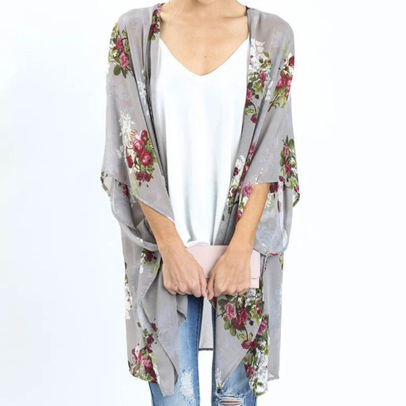 Women Boho Floral Loose Blouse Open Stitch Tops Shirt Floral Print Chiffon Cardigan Kimono Summer Beachwear Black Gray Blusas