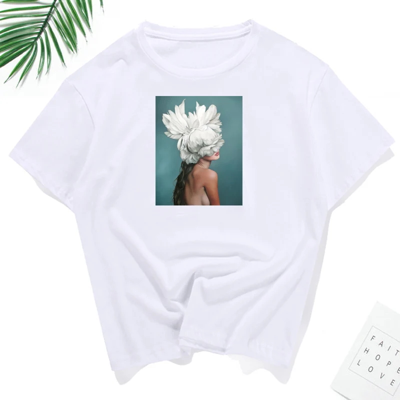 171-white Модная женская футболка, новинка, хлопок, Harajuku, эстетическая футболка, сексуальные цветы, перо, принт, топы, Повседневная парная футболка - Цвет: 171-white