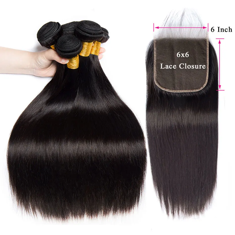 6x6 Lace Closure With Straight Hair Bundles With Closure Peruvian Hair 