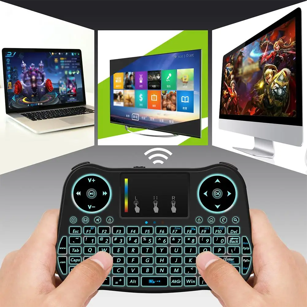 

Hot MT08 Seven-Color Backlight Flying Mouse 2.4G Wireless Touch Keyboard Remote Control Universal Dry/Lithium Battery Keyboard