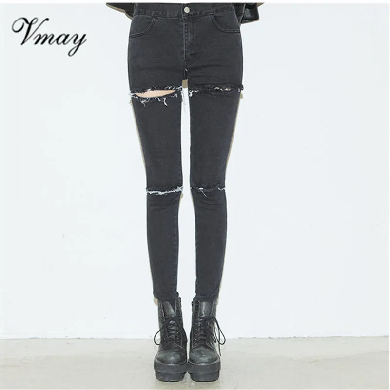 Vmay 2019 New Arrival Women Fashion Spring Summer Denim Pants Destroyed Knee Pencil |
