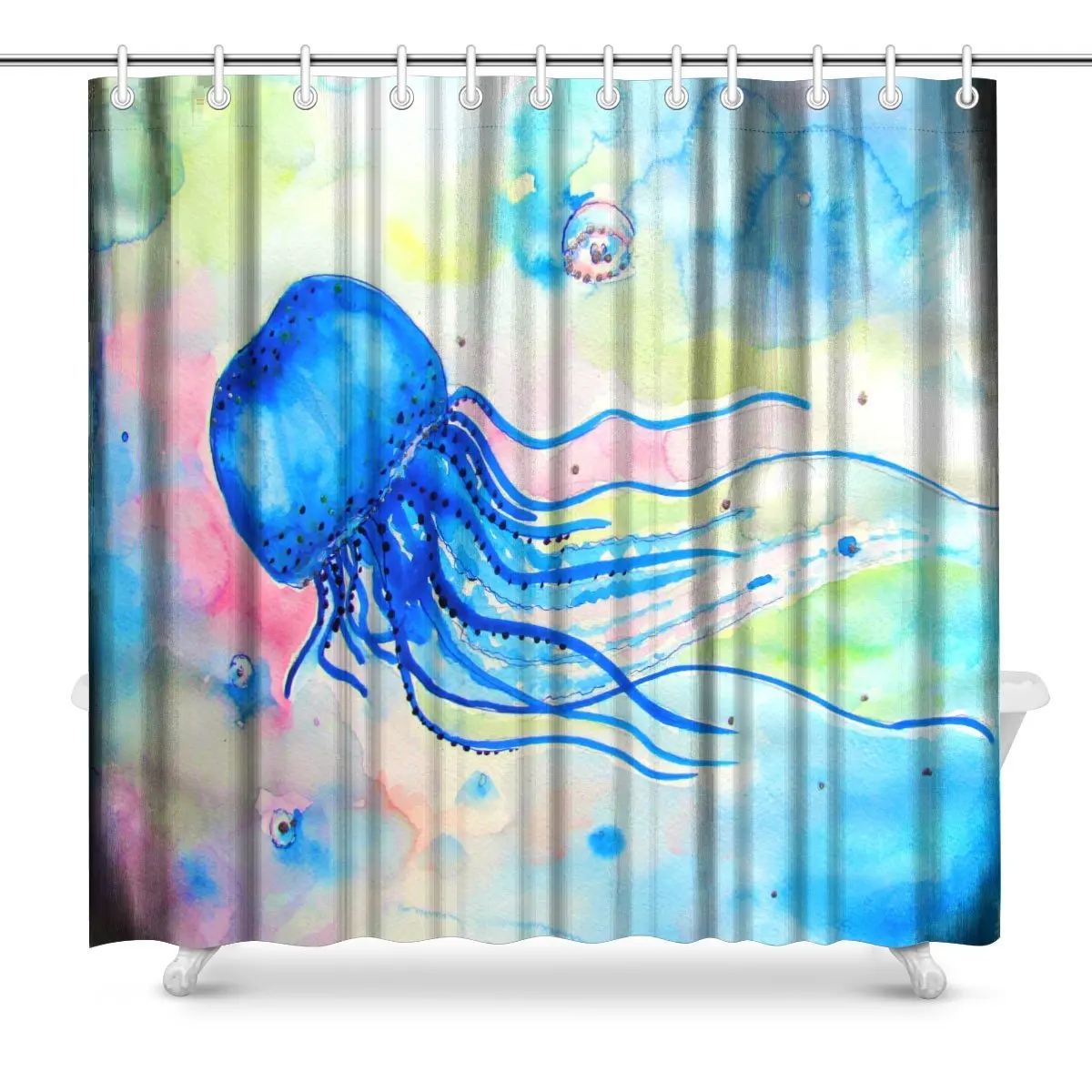 Bright Fresh Watercolor Diving Hand Painting of Jellyfish in Blue