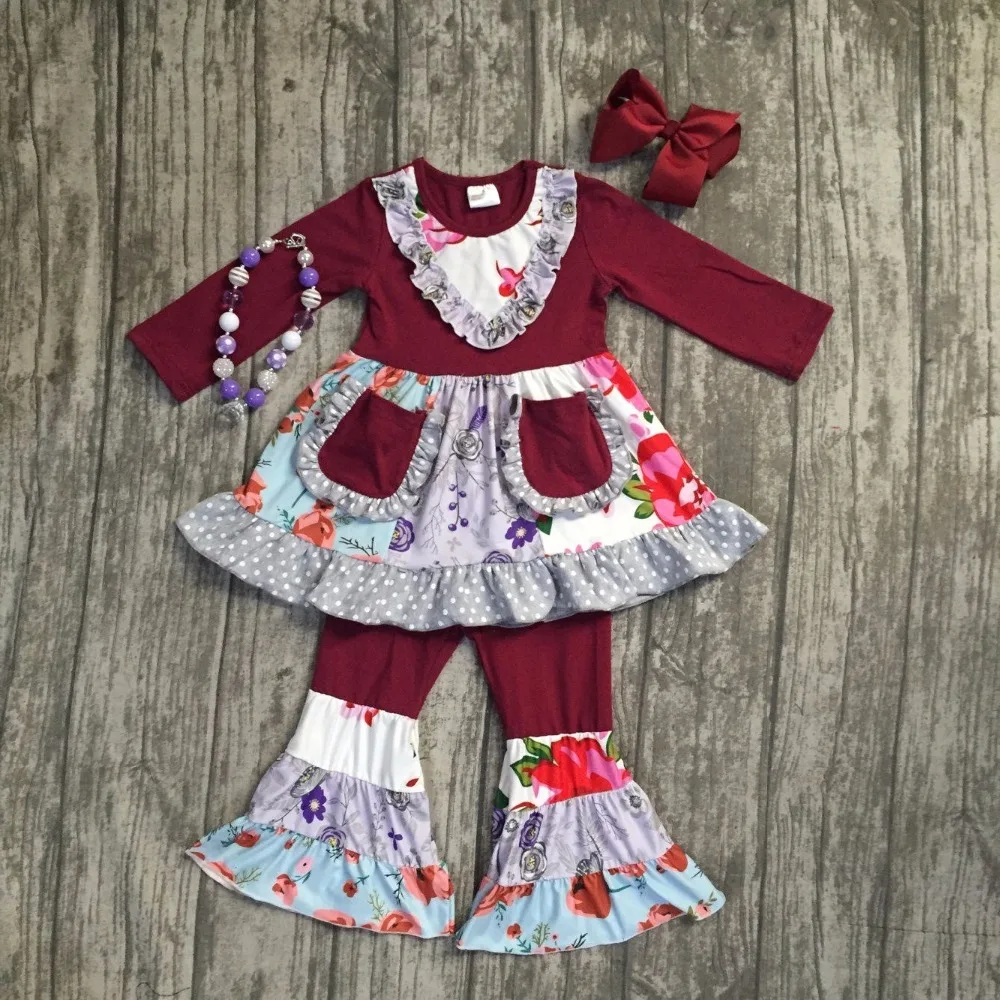 baby Girls Fall clothes girls children boutique wine red outfits floral