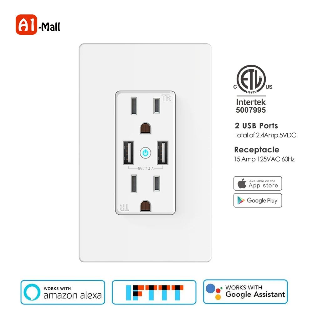 

Wifi Smart Wall Outlet Timer Switch Control Socket with 15A Dual US Plug and 2 USB Ports Voice Control Works with Alexa Google