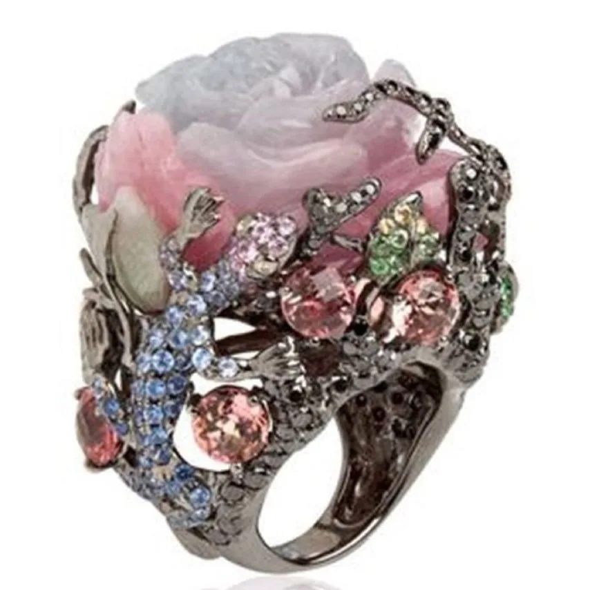 

Vintage Peony Flower Tree Vine Natural Stone Lizard Black Gold Ring Punk Gothic Gecko Branch Exaggerated Design Novelty Ring