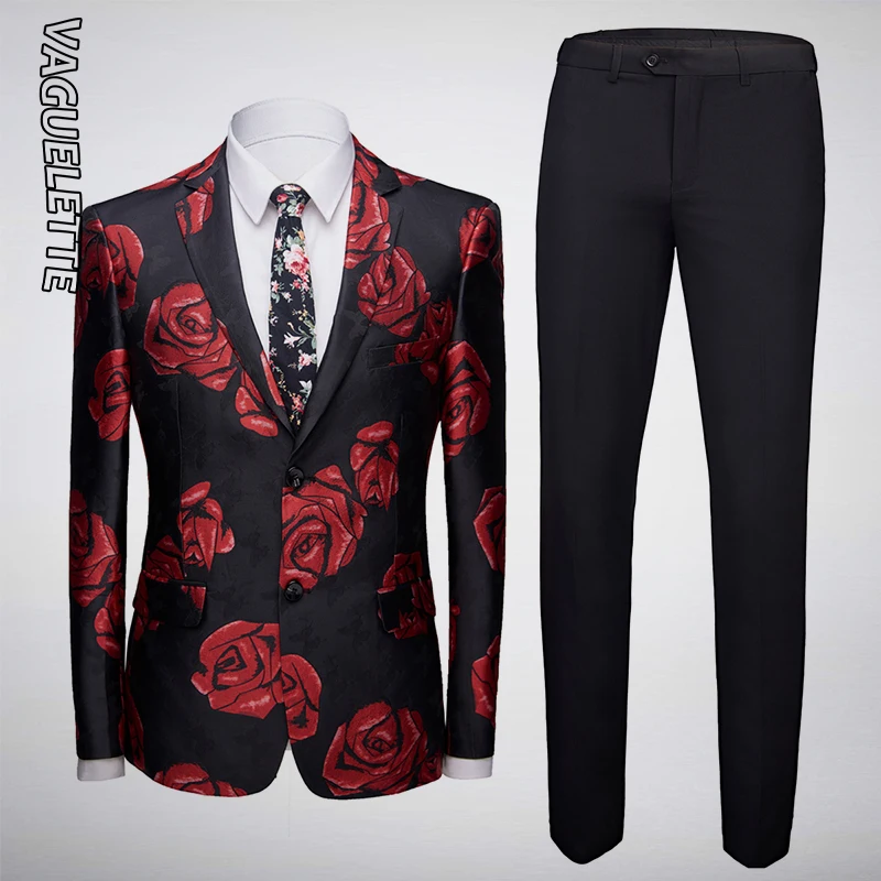 

VAGUELETTE Rose Floral Men Suits 2019 Elegant Party Wear Stage Clothing For Singers Slim Fit Mens Suits With Pants
