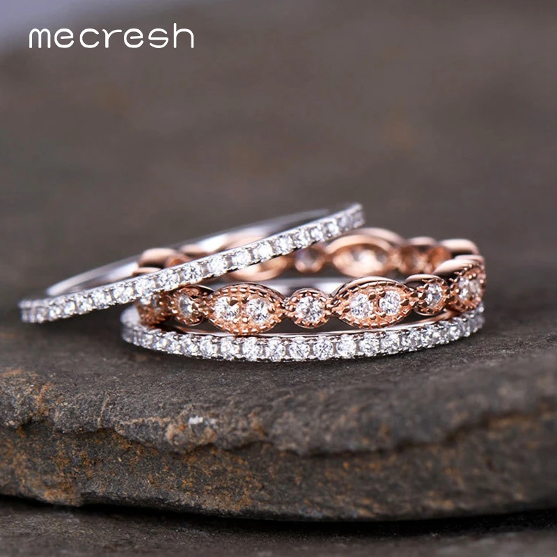 

Mecresh 3pc/lot Rose Gold Color Engagement Ring Sets for Women Girls AAA+ CZ Gothic Punk Minimalist Rings Fashion Jewelry JZ082