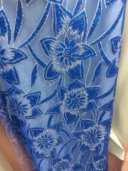 

Latest African Lace Fabric high quality Gold Royal blue print glued glitter powder mesh tulle lace for party / evening dress