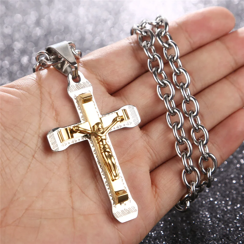 Jesus Mens Chain silver/Gold Tone Link chain Stainless Steel Cross PENDANT NECKLACE 24''