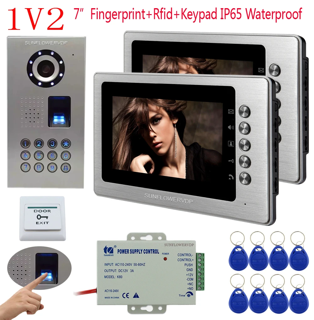

1V2 Video intercom For Private House Ip65 Waterproof HD CCD Camera Home Video Phones 2 Monitor 7" Color LCD Fingerprint Unlock