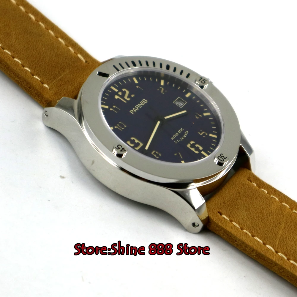 43 мм parnis синий циферблат Дата, сапфировое стекло miyota 821A автоматические мужские часы