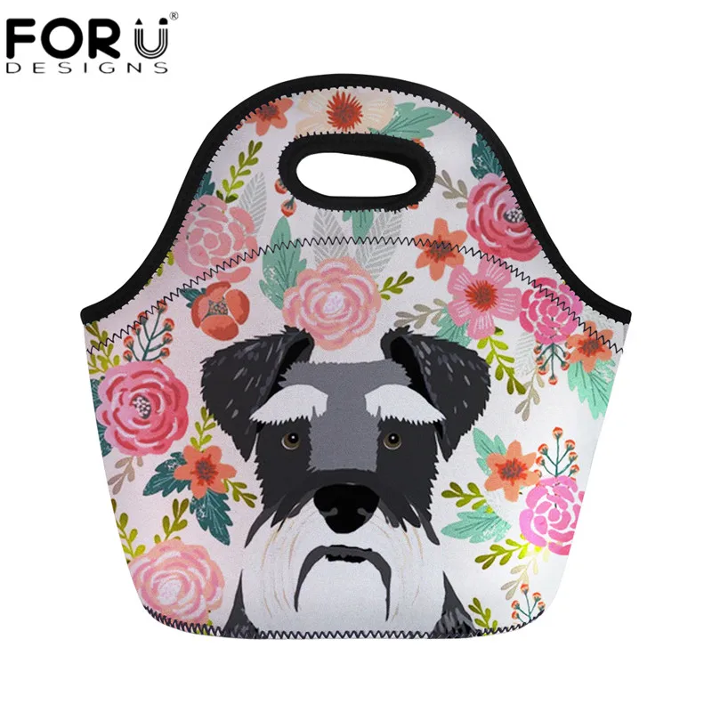 

FORUDESIGNS Neoprene Lunch Bags French Bulldog Schnauzer Floral Dog Printed Insulated Travel Food Bag Keep Warm Dinner Tote Bags