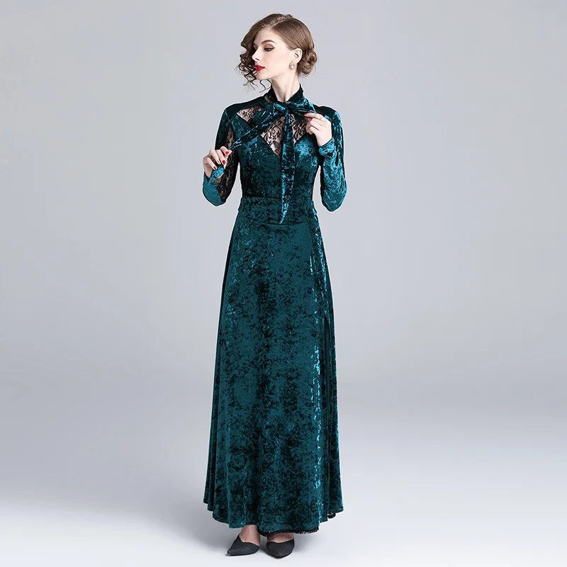 Зимнее бархатное длинное платье для вечеринок подиума дизайнерское банкетное вечернее платье макси с длинным рукавом Vestido Longo Robe Pull K7538
