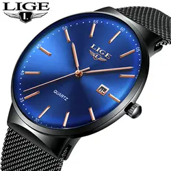 LIGE мужские часы новые роскошные часы мужские модные спортивные кварцевые часы из нержавеющей стали с сетчатым ремешком ультра тонкий
