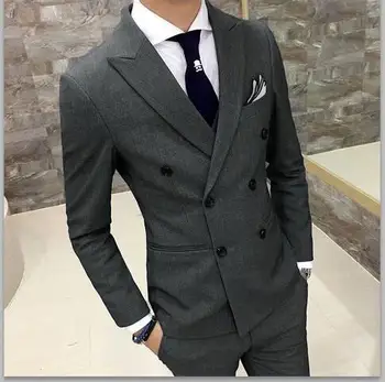 Tanie 2017 Smoking Szary Garnitur Mężczyźni Slim Fit Podwójne Piersi Smoking 2 Sztuka Niestandardowe Prom Garnitury ślubne Marynarka Terno Masaclino Kurtka + Spodnie