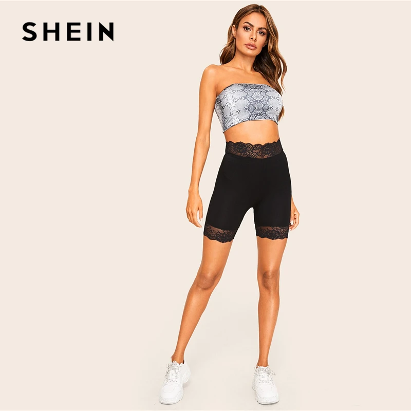 SHEIN, короткие однотонные байкерские леггинсы с кружевной отделкой, женские,, байкерские короткие, летние, эластичные, для фитнеса, средней талии, обтягивающие, базовые леггинсы