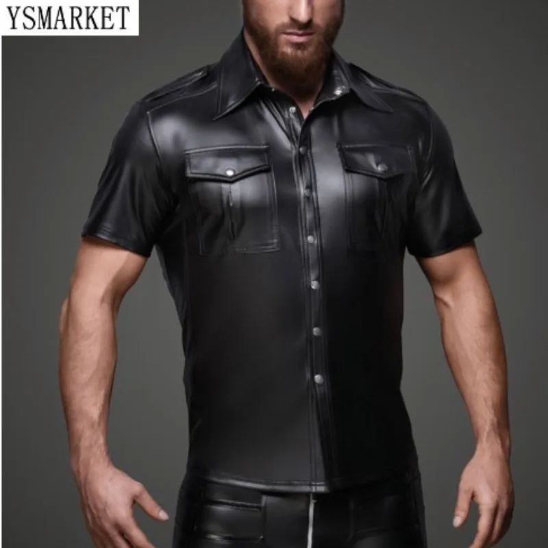 

Mens PU Faux leather Blouse Shirts Pocket Button Detail Party Clubwear Black Top Tees Tight Sexy Latex Male Clothing E6004