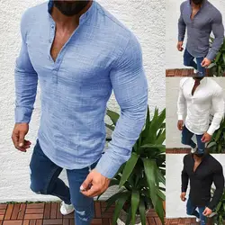 2019Men Лен с длинным рукавом V образным вырезом на пуговицах рубашки для мальчиков мужские повседневные деловые Fit Блузка 4,9