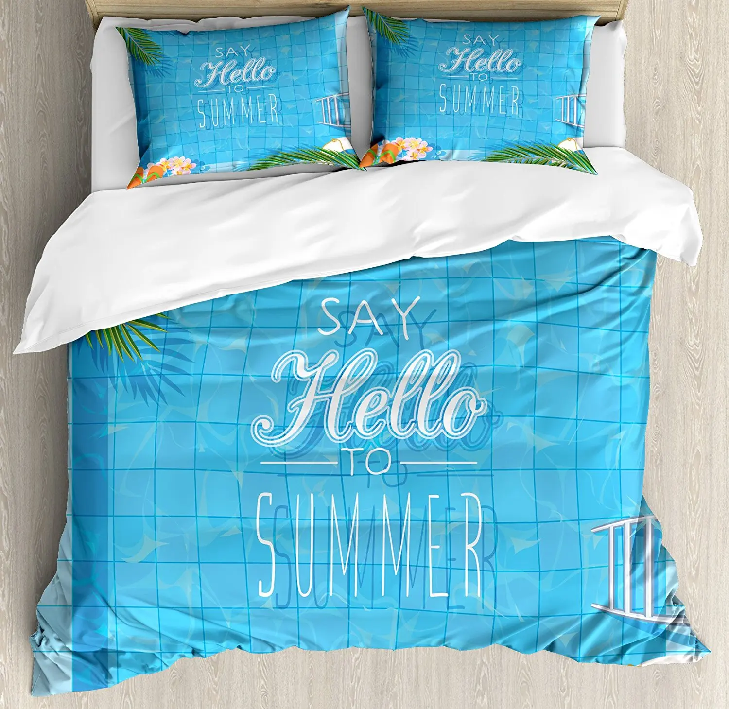 

Quote Duvet Cover Set Say Hello to the Summer Slogan on a Pool with Ladder Flip Flops and Flowers Design 4 Piece Bedding Set