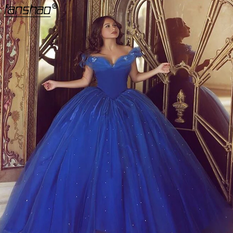 

Royal Blue Puffy 2019 Cheap Quinceanera Dresses Ball Gown Off The Shoulder Tulle Beaded Party Sweet 16 Dresses