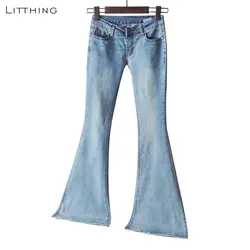 LITTHING 2019 Новинка весны Для женщин синий расширенные книзу, со средней талией брюки-клёш пикантные женские джинсы стрейч Модные свободные