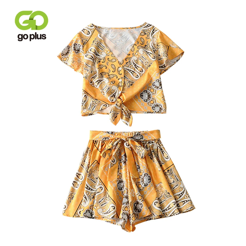 

GOPLUS Summer Suit Sets Womens Vintage Short Sleeve Print V-Neck Buttons Short T-Shirt Loose Bow Shorts Yellow 2 Piece Set Women
