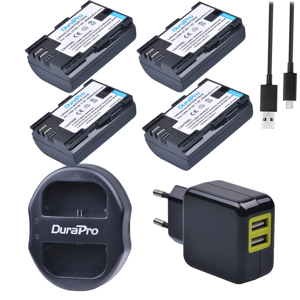 

DuraPro 4pcs LP-E6 LP-E6N 2000mAh LP E6 LPE6 Camera Battery + USB Dual Charger + AC Plug For Canon 5D Mark II III 7D 60D EOS 6D