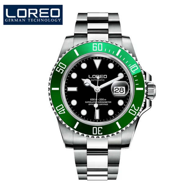 LOREO New 200M Waterproof Mens Sport Watch Luxury brand Automatic Mechanical Watch Sapphire Screw Crown Rotatable Bezel Luminous - Цвет: Steel band 6