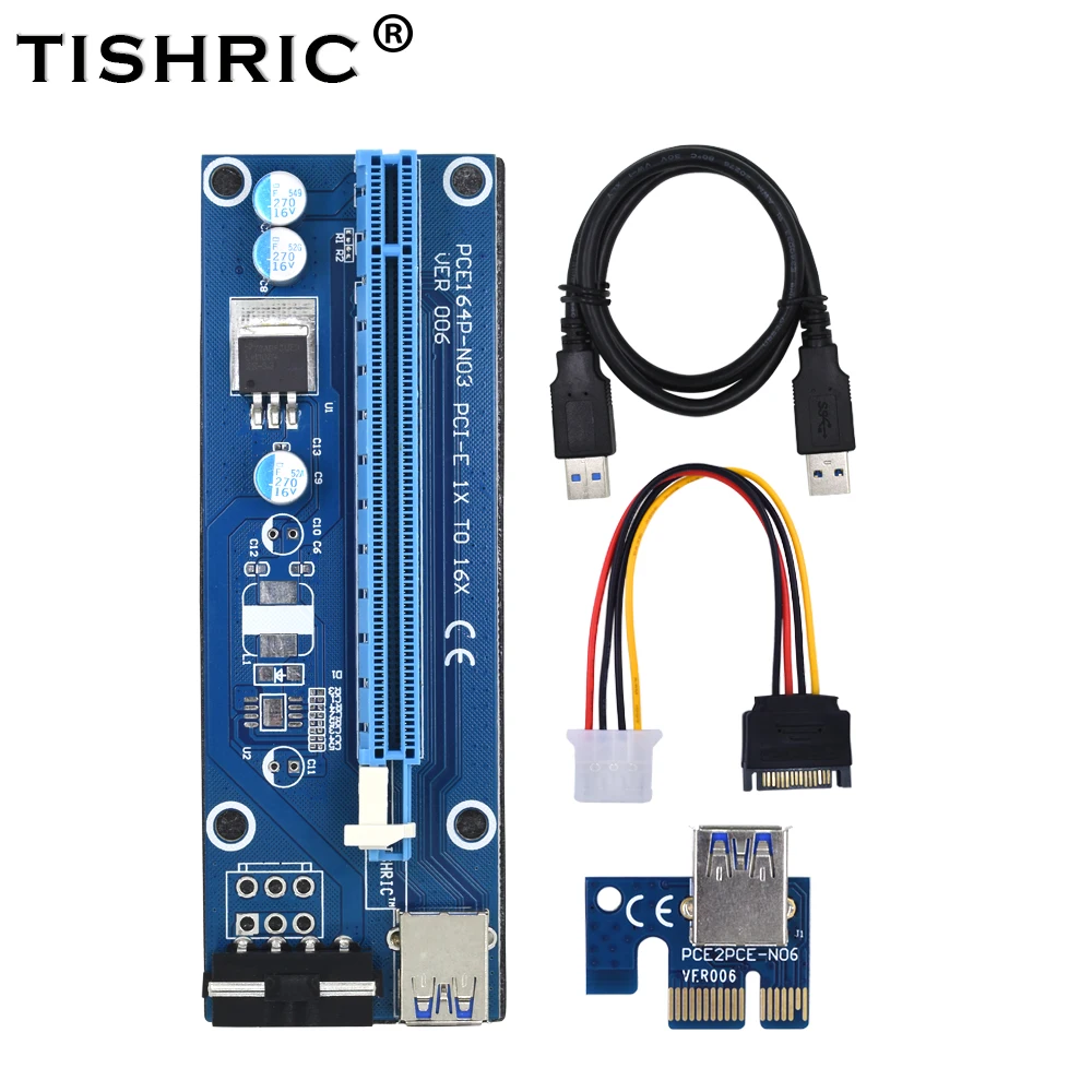 

TISHRIC 10pcs 006 Pci Express pcie Pci-e Riser Card 1x 16x Usb3.0 Cable Sata To 4pin Molex Power Extender Adapter Mining Miner