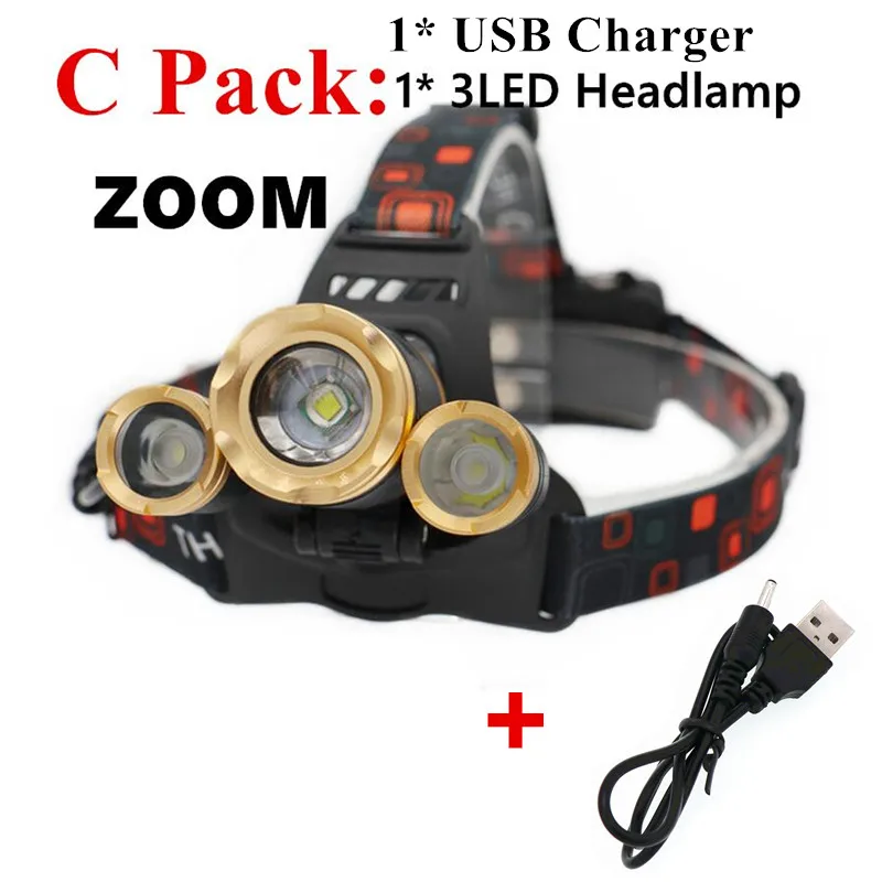 XM-T6x3 светодиодный фонарь с зумом, фонарь для кемпинга, рыбалки, налобный фонарь, 2*18650 аккумулятор/AC/Car/Usb/зарядка - Испускаемый цвет: C Packing
