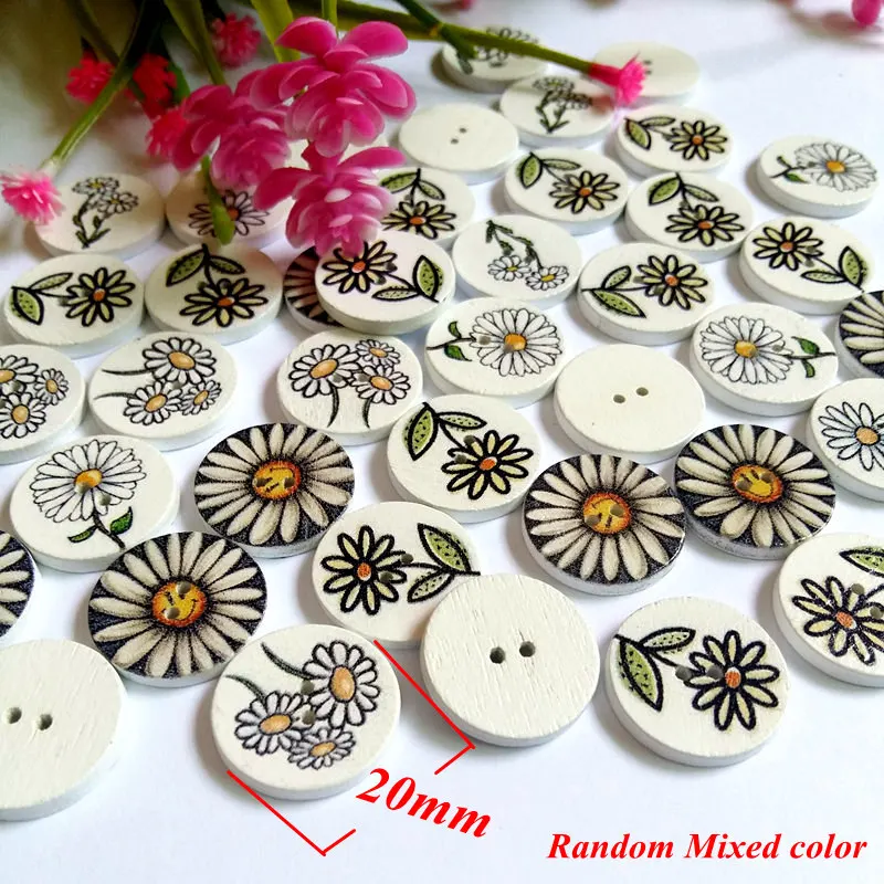 

50pcs/lot Cartoon flowers Printed 20mm Florer Wood Buttons 28MM Botoes for Children clothes Sewing Scrapbooking Decoration